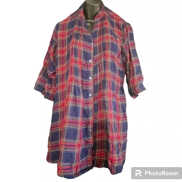 One Femme Plaid Button-Up Tunic W/ Waist Belt Size Med-large Pre-Owned - Picture 3 of 14